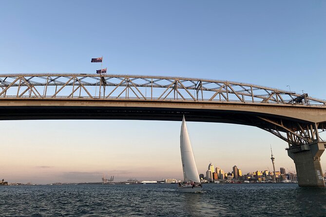 Auckland Harbour Sailboat Cruise Including Three Course Dinner - The Sky Tower, Ferry Building, and Mt. Eden from the water