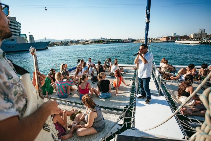 Barcelona: Sunset Catamaran Cruise with Live Music - Leaving Barcelona behind from the catamaran