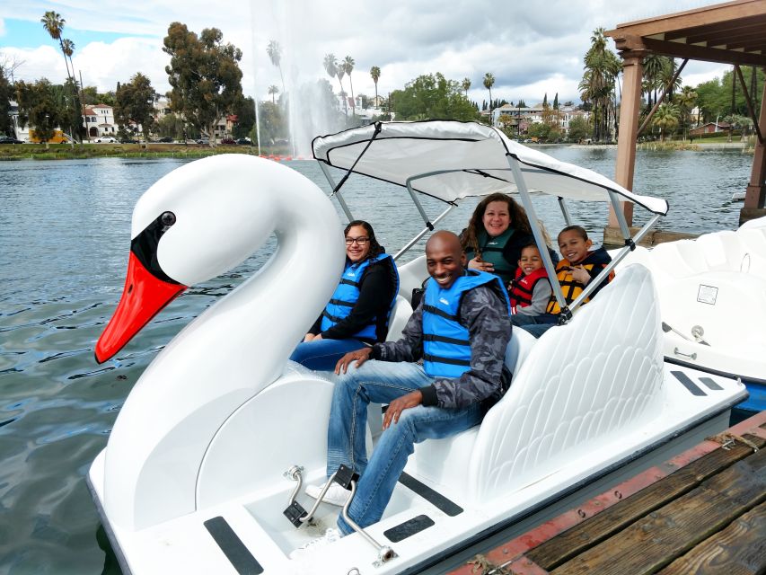 Echo Park Lake: Swan Pedal Boat Rental - The fountain, lotus beds, and downtown skyline