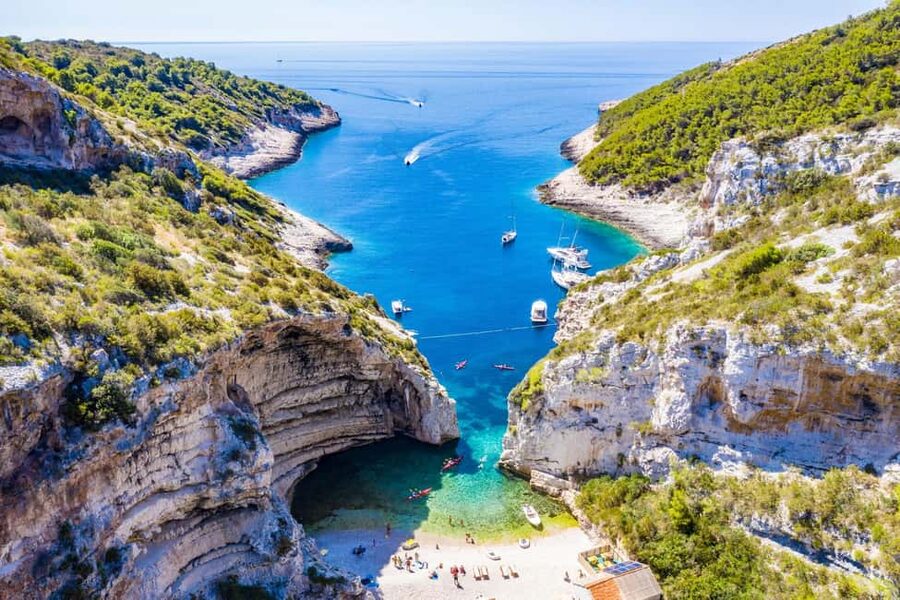 From Hvar: Blue Cave, Green Cave & 5 Islands Speedboat Tour - Stiniva Cove and the best swimming pause
