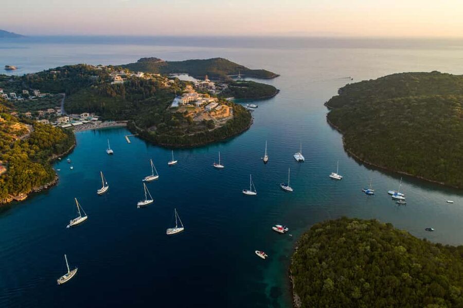 From Lefkimmi: Syvota, Blue Lagoon and Cave Sunset Cruise - Leaving Lefkimmi Port for the Ionian coast