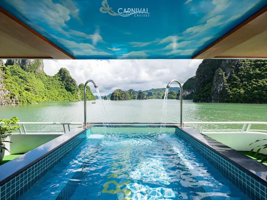 Halong Bay: Luxury Day Cruise w/ Pool, Kayak, Free Transfer - Titop Island, swimming, and the hilltop view