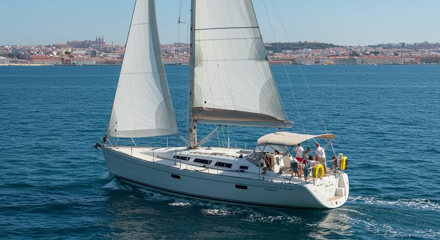 Lisbon: Champagne Sailing Tours - The 25 de Abril Bridge and first views of Lisbon