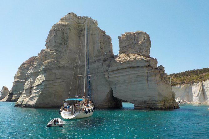 Milos Small-Group Full-Day Cruise with Snorkelling and Lunch - Leaving Adamas and seeing Milos from the sea