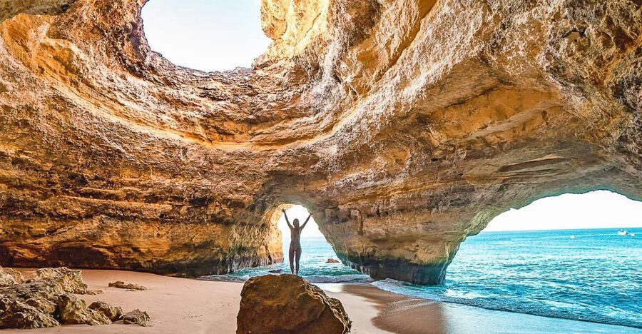 Portimão: Carvalho & Marinha Beach, Benagil Cave Boat Tour - Cliffs, coves, and the approach to Carvoeiro