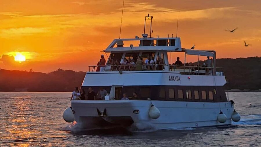 Pula: Dolphin Sunset Cruise to Brijuni with Dinner & Drinks - Sailing out of Pula beside the Roman Arena