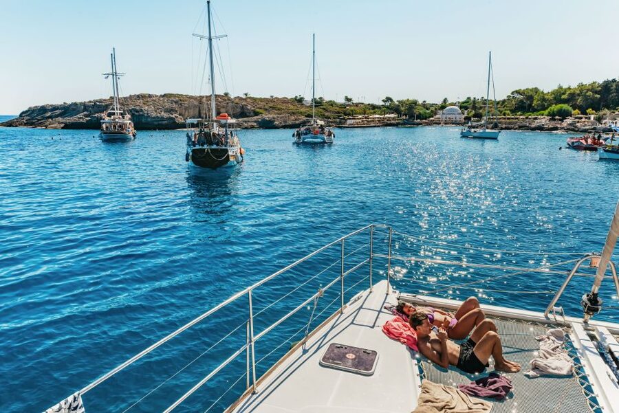Rhodes: All-Inclusive Catamaran Cruise with Lunch and Drinks - Ladiko Bay: a quieter place to swim