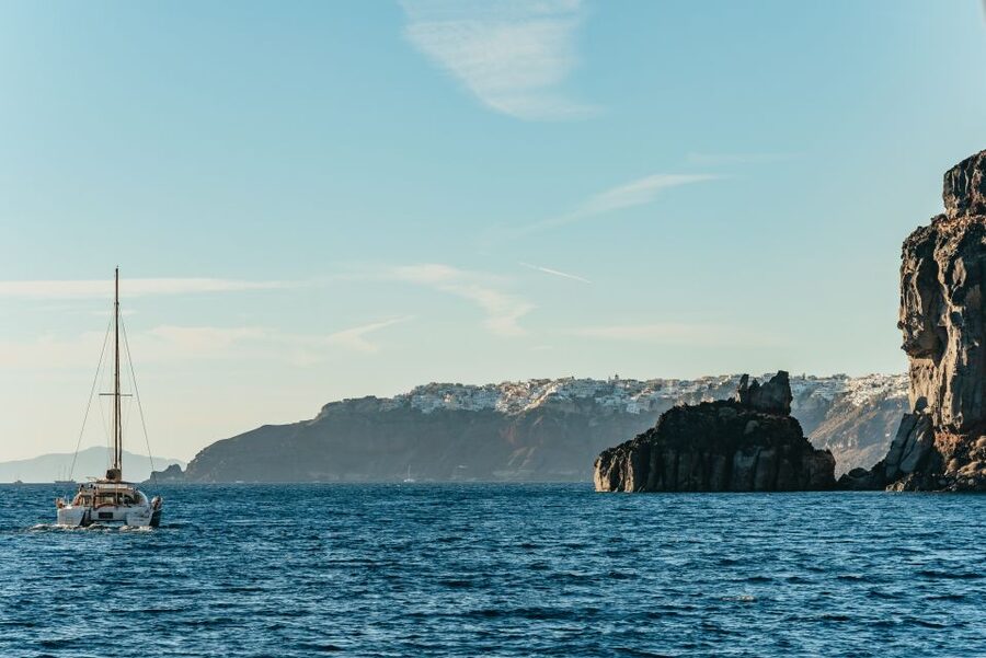 Santorini: Catamaran Caldera Cruise with Meal and Drinks - A fresh Greek meal with wine on deck