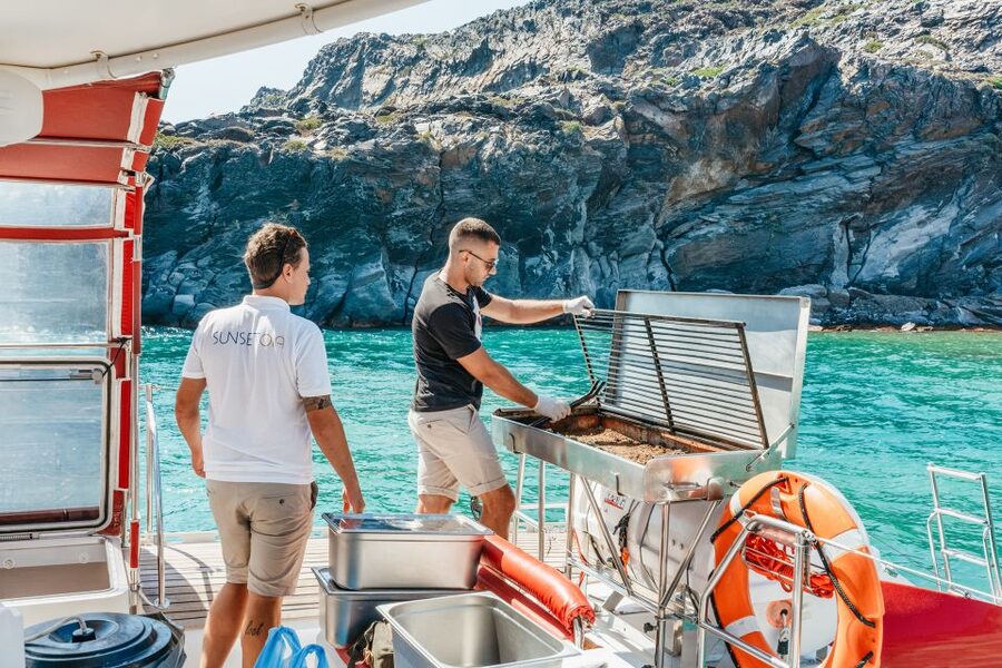 Santorini: Catamaran Tour with BBQ Dinner, Drinks, and Music - Morning light or Santorini sunset