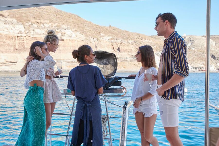 Santorini Gold Catamaran Cruise with Snorkel, BBQ & Open Bar - The Volcano hot springs are warm, sulfur-rich, and unusual