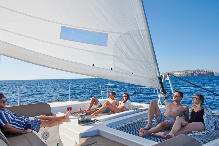 Santorini Gold Catamaran Cruise with Snorkel, BBQ & Open Bar - Mesa Pigadia is the main swim and meal stop